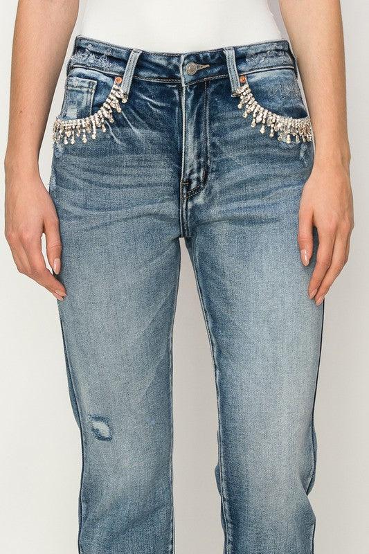 Artemis Vintage High RIse Crystal Embellished Crop Straight Jeans - Ash Boutique