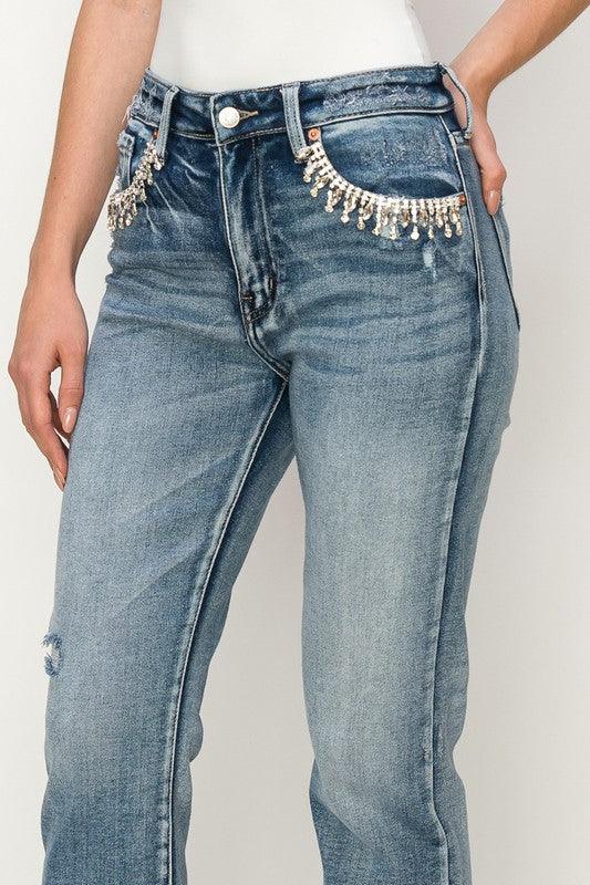 Artemis Vintage High RIse Crystal Embellished Crop Straight Jeans - Ash Boutique