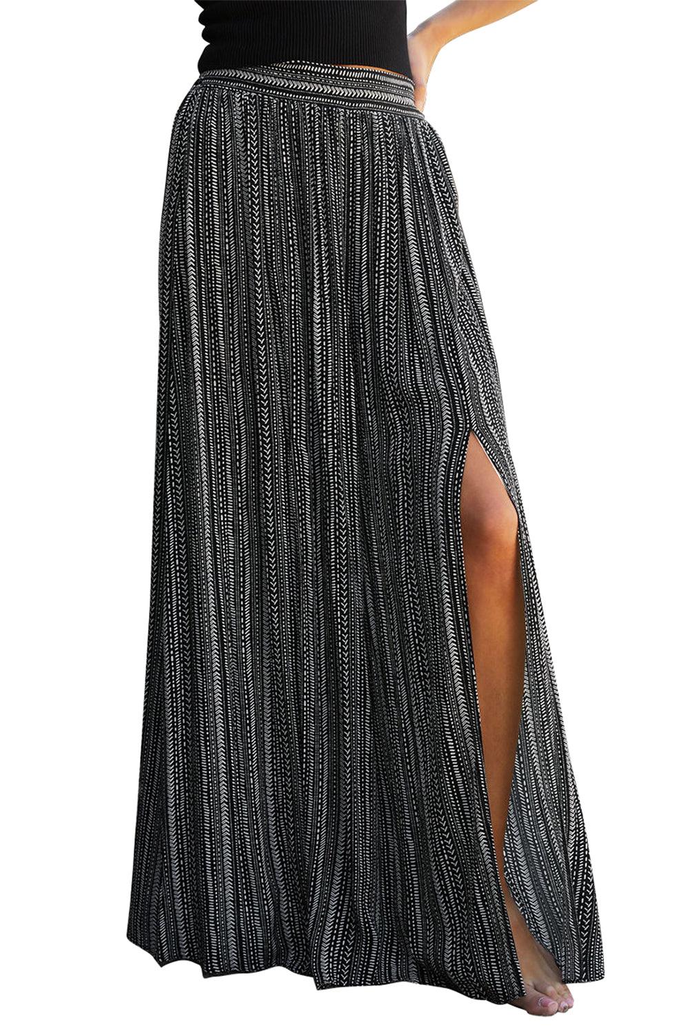 Black Printed Striped Printed Slit Wide Leg High Waist Pants - Ash Boutique