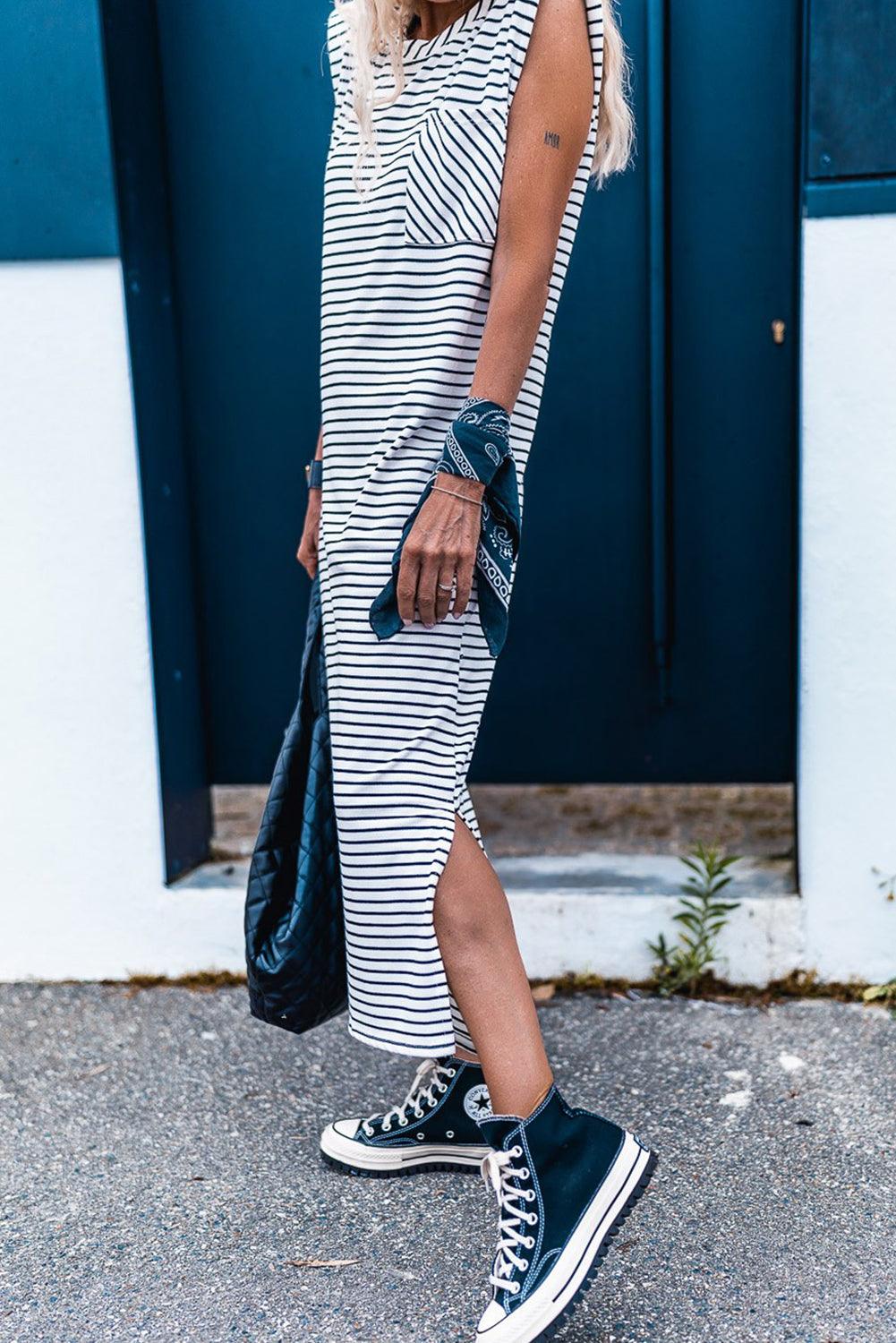 Black Stripe Chest Pocket Shoulder Padded Sleeveless Long Dress - Ash Boutique