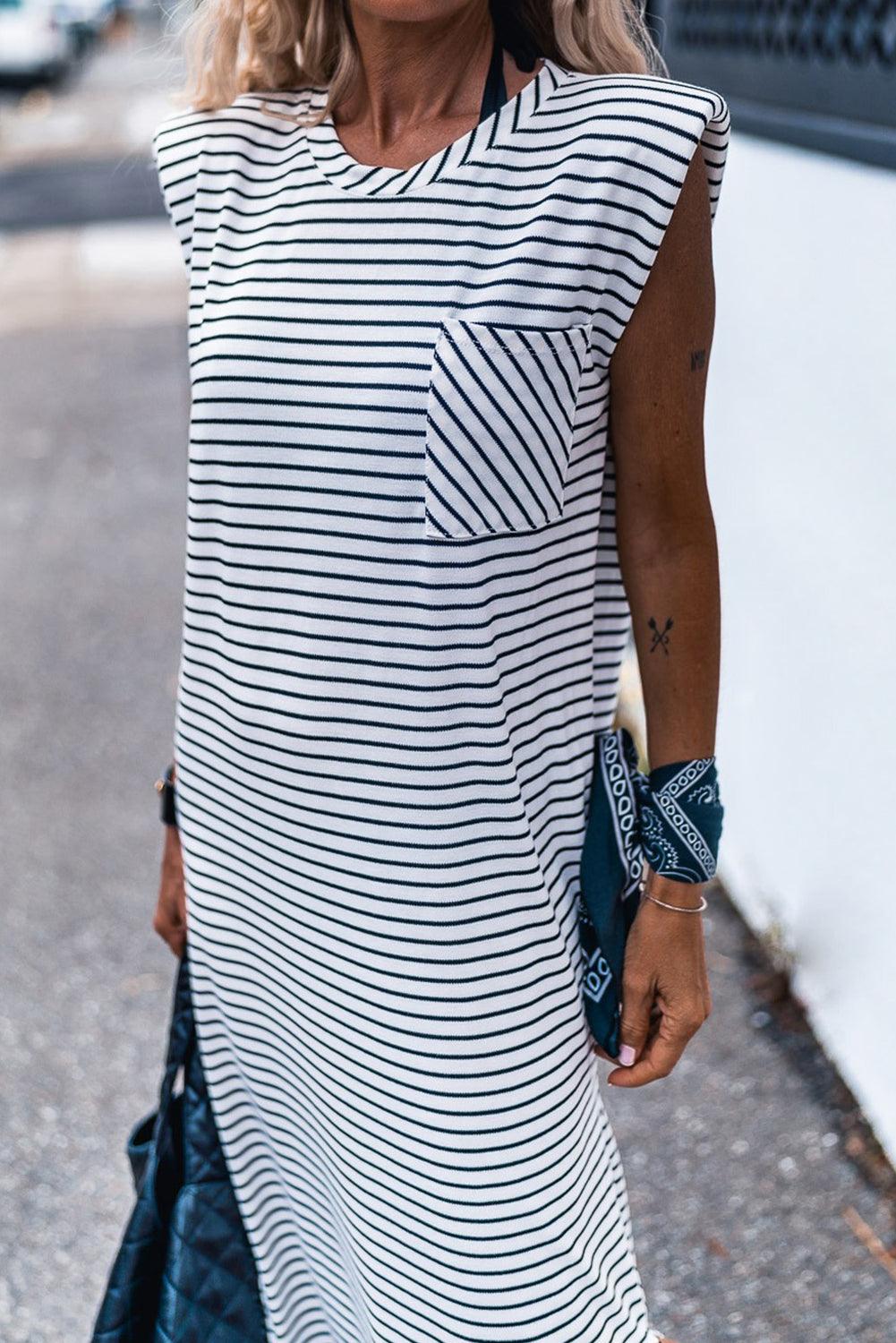Black Stripe Chest Pocket Shoulder Padded Sleeveless Long Dress - Ash Boutique