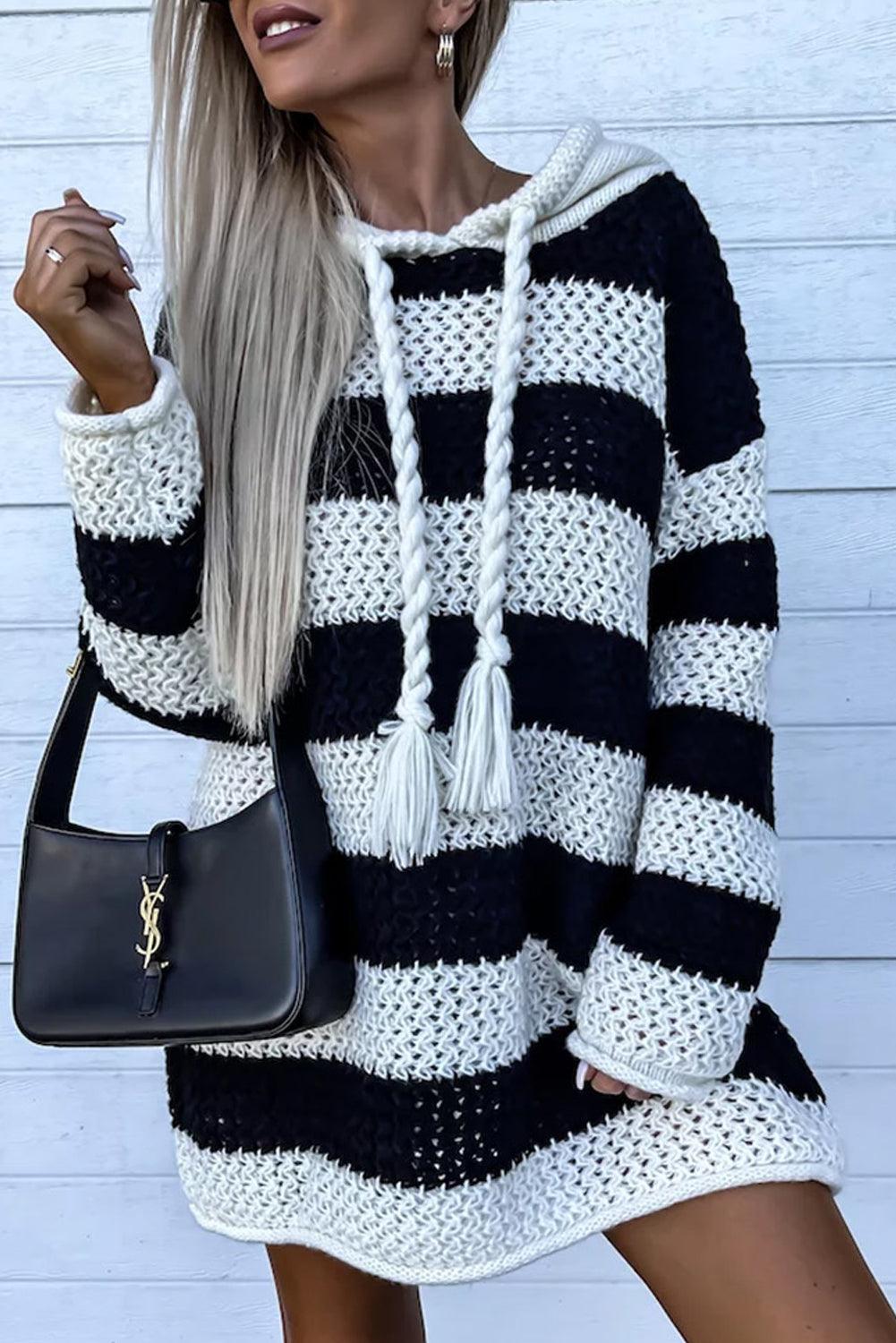 Black Striped Braided Tassel Hooded Sweater Dress - Ash Boutique