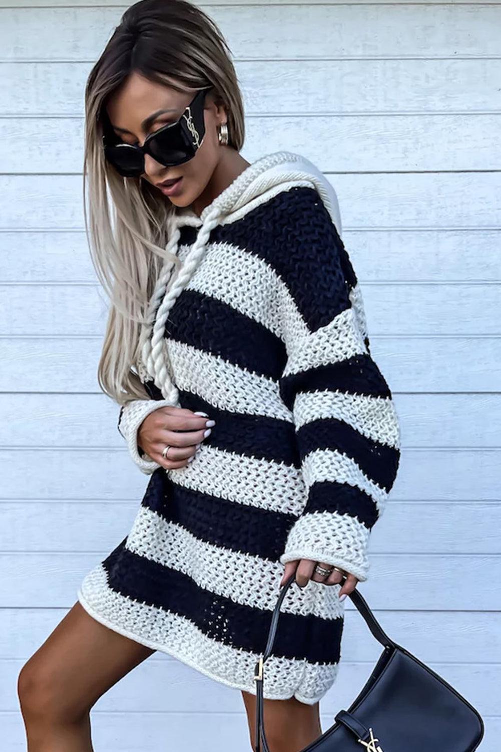 Black Striped Braided Tassel Hooded Sweater Dress - Ash Boutique