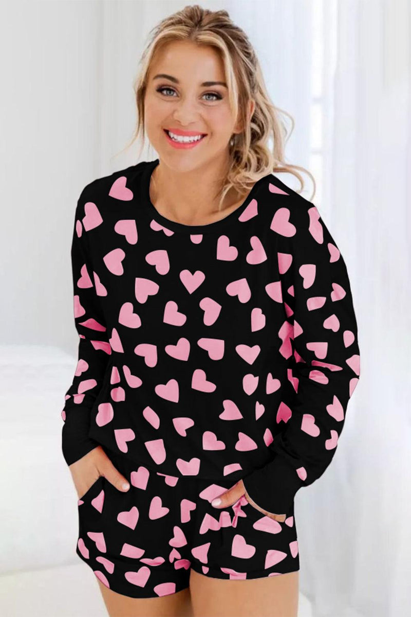 Black Valentine Heart Shape Print Long Sleeve Top Shorts Lounge Set - Ash Boutique