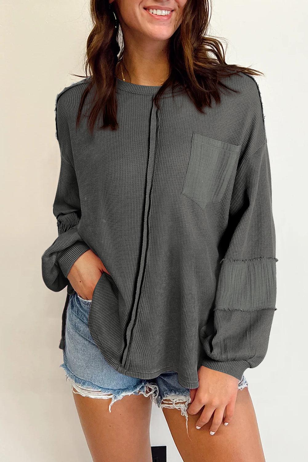Gray Exposed Seam Patchwork Bubble Sleeve Waffle Knit Top - Ash Boutique