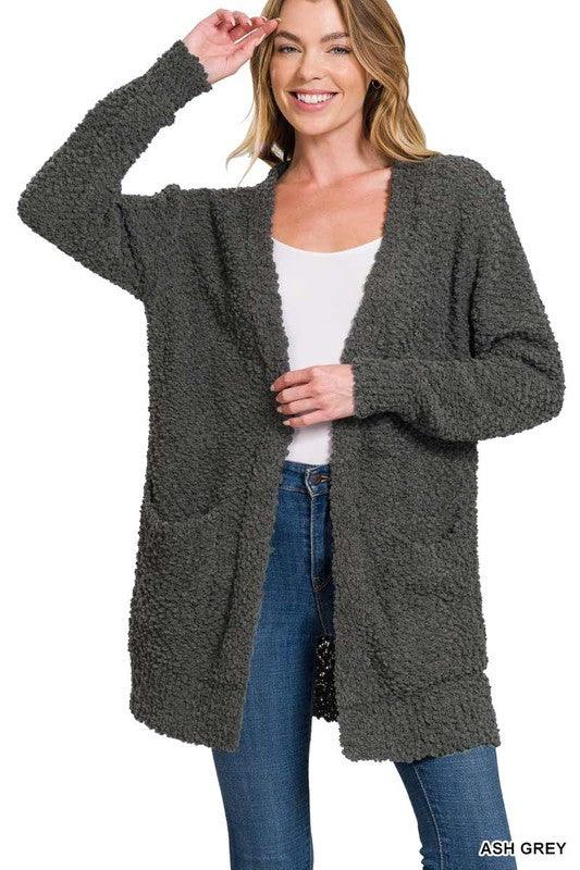 Long Sleeve Popcorn Sweater Cardigan with Pockets - Ash Boutique