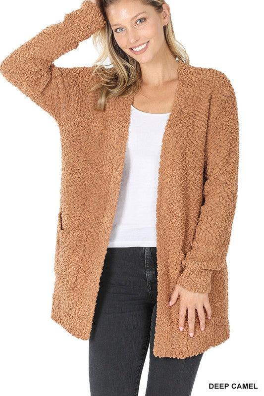 Long Sleeve Popcorn Sweater Cardigan with Pockets - Ash Boutique