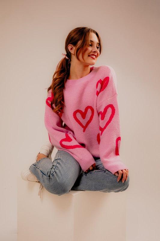 Long Sleeve Round Neck Heart Printed Sweater - Ash Boutique