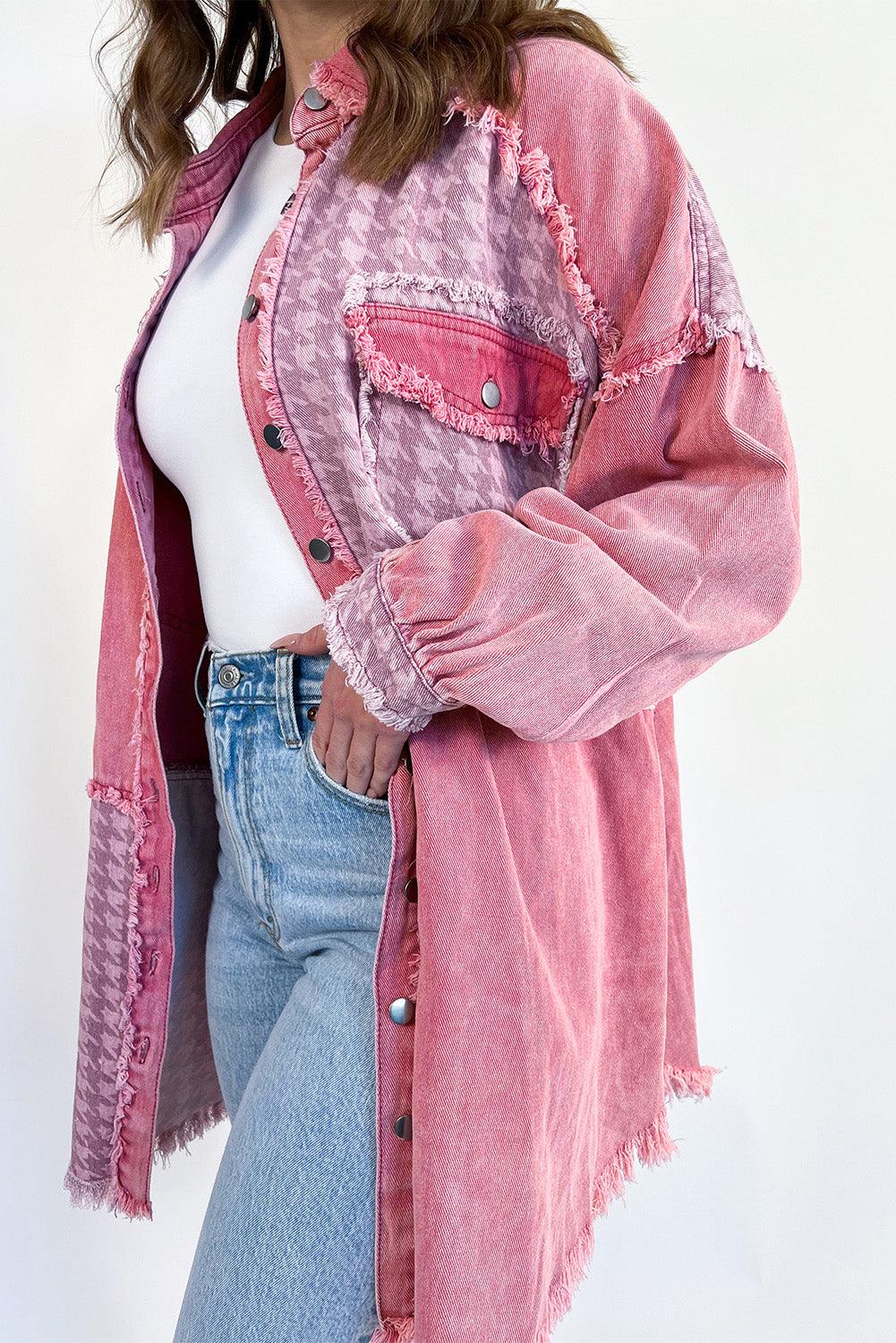 Pink Retro Distressed Houndstooth Patchwork Denim Jacket - Ash Boutique