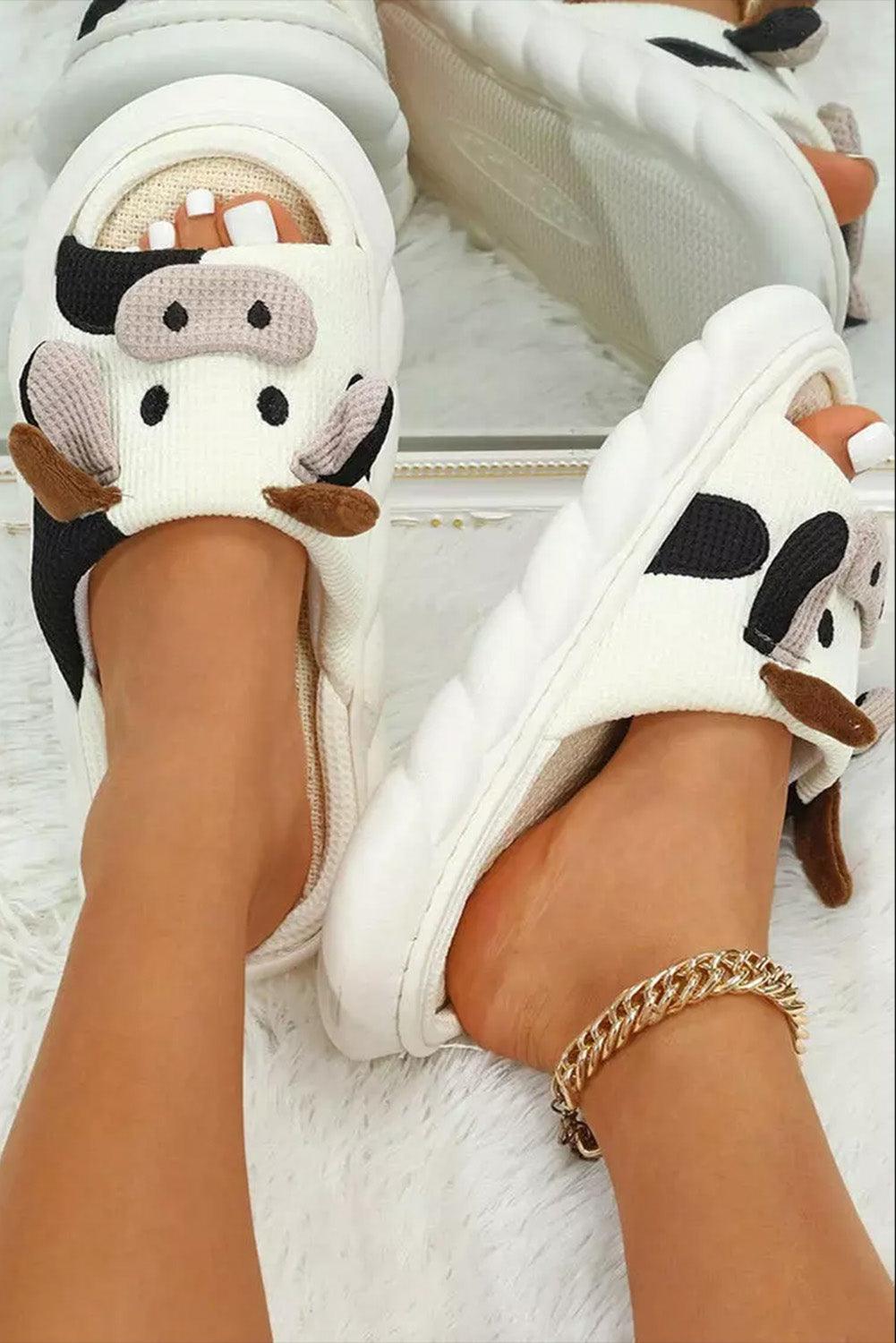 White Cute Cow Pattern Open Toe Slippers - Ash Boutique