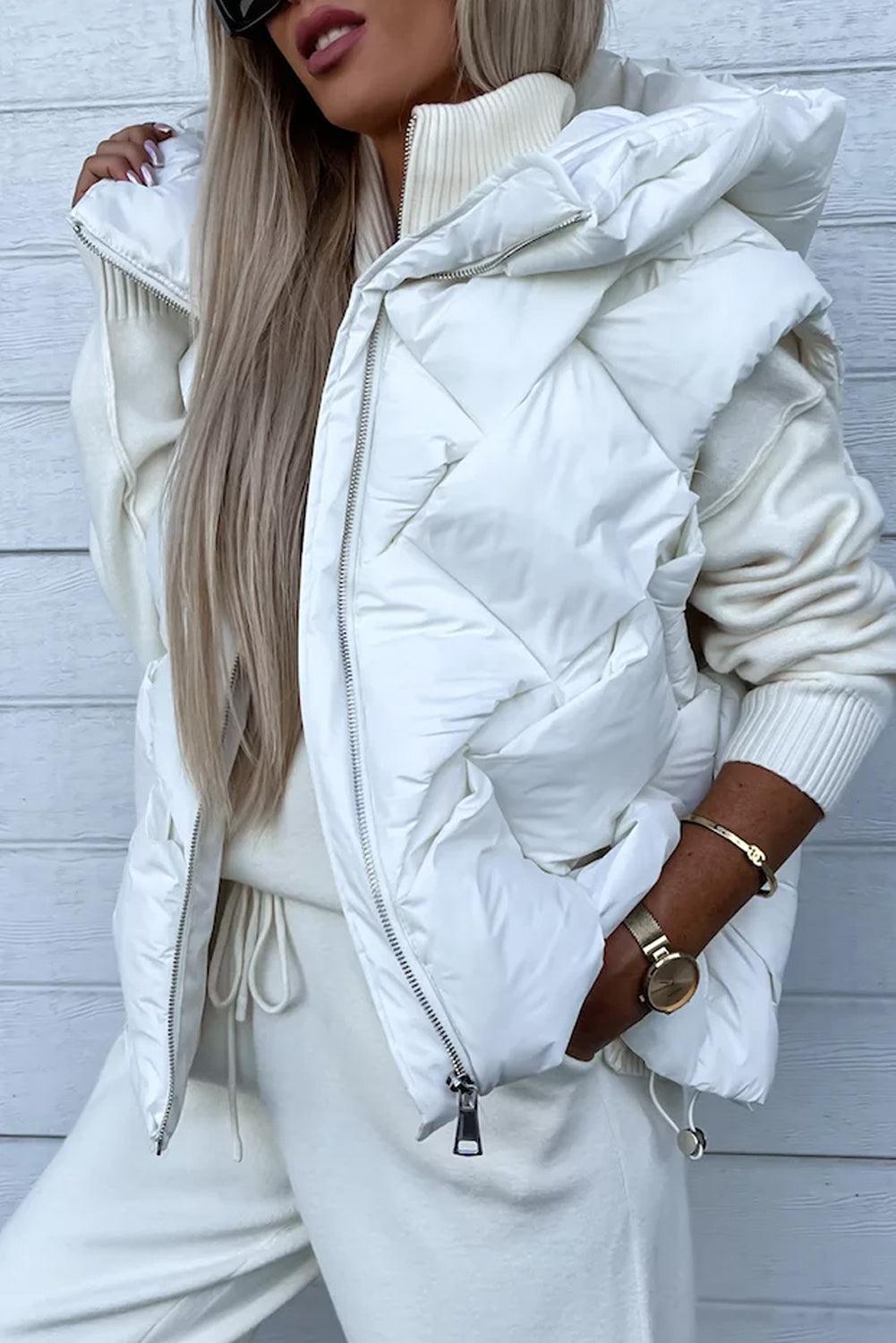 White Quilted Zipper Front Hooded Vest Coat - Ash Boutique