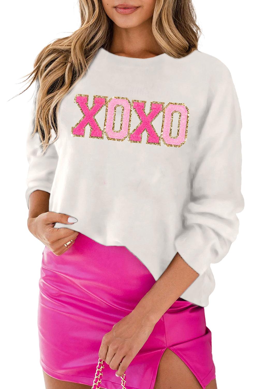 White XOXO Glitter Print Round Neck Casual Sweater - Ash Boutique