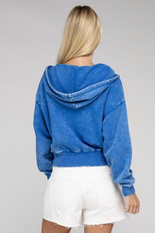 Zenana Acid Wash Fleece Cropped Zip-Up Hoodie - Ash Boutique