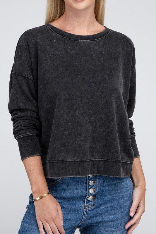 Zenana French Terry Acid Wash Boat Neck Pullover - Ash Boutique