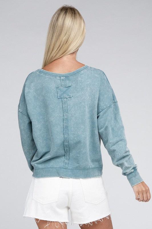 Zenana French Terry Acid Wash Boat Neck Pullover - Ash Boutique