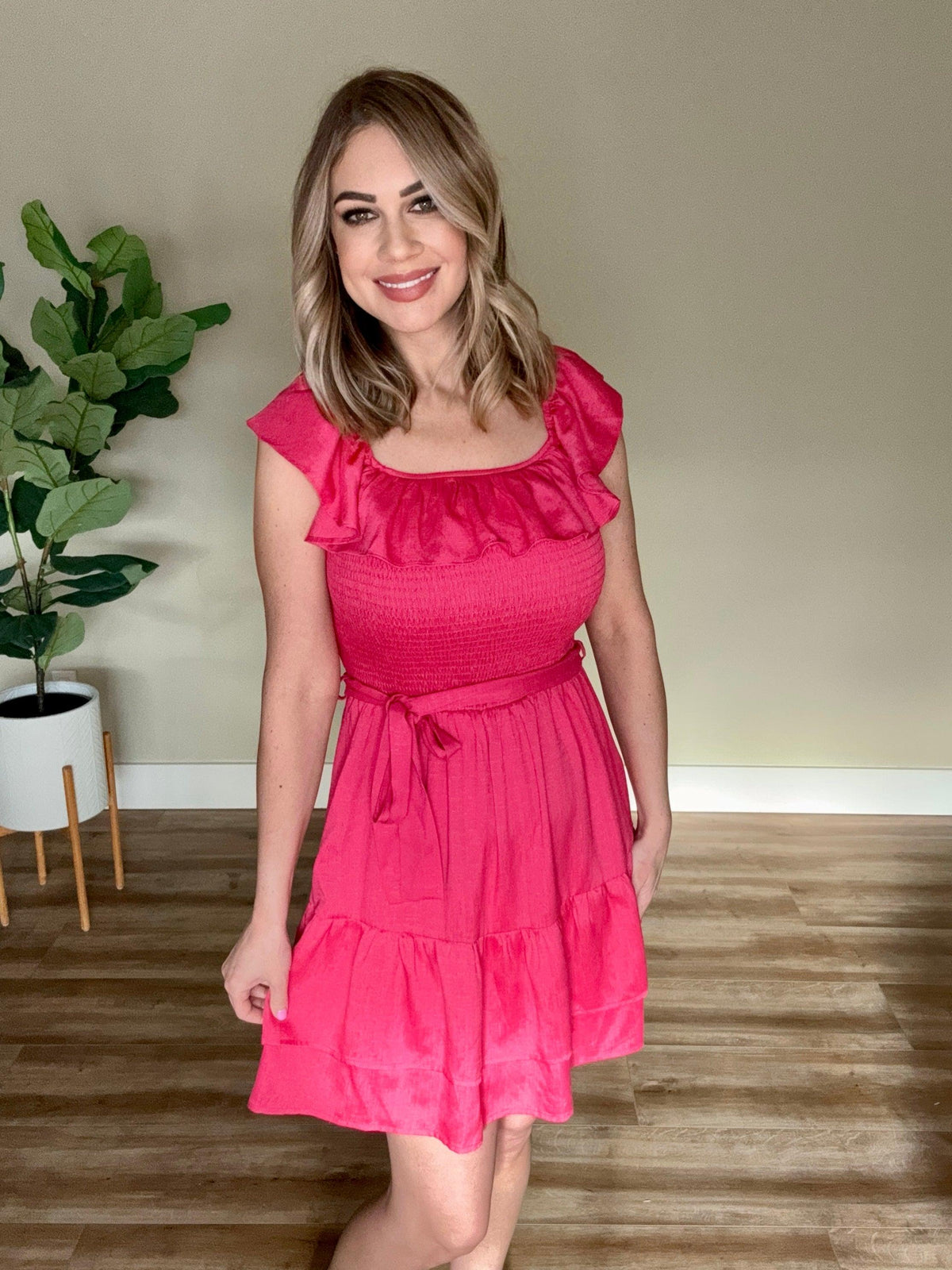 1.12 Tiered Smocked Dress With Belt In Bright Spanish Pink - Ash Boutique