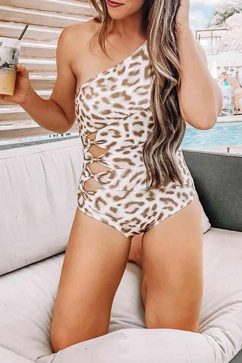 Asymmetrical Leopard Print Cutout Swimsuit - Ash Boutique