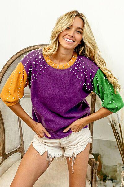 BiBi Color Block Pearl Detail Round Neck Sweater - Ash Boutique