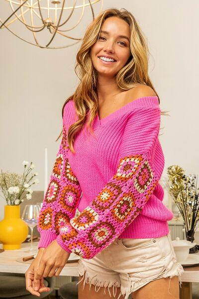 BiBi V-Neck Crochet Long Sleeve Sweater - Ash Boutique
