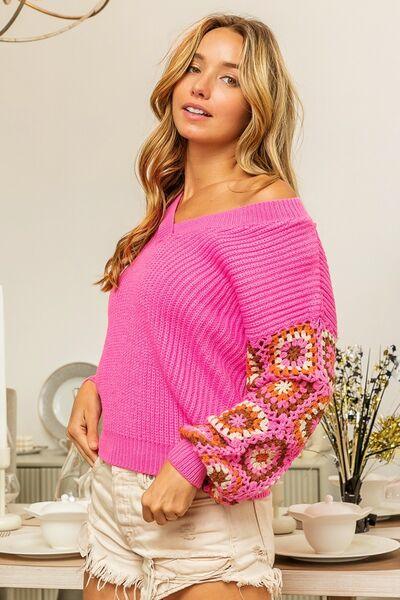 BiBi V-Neck Crochet Long Sleeve Sweater - Ash Boutique