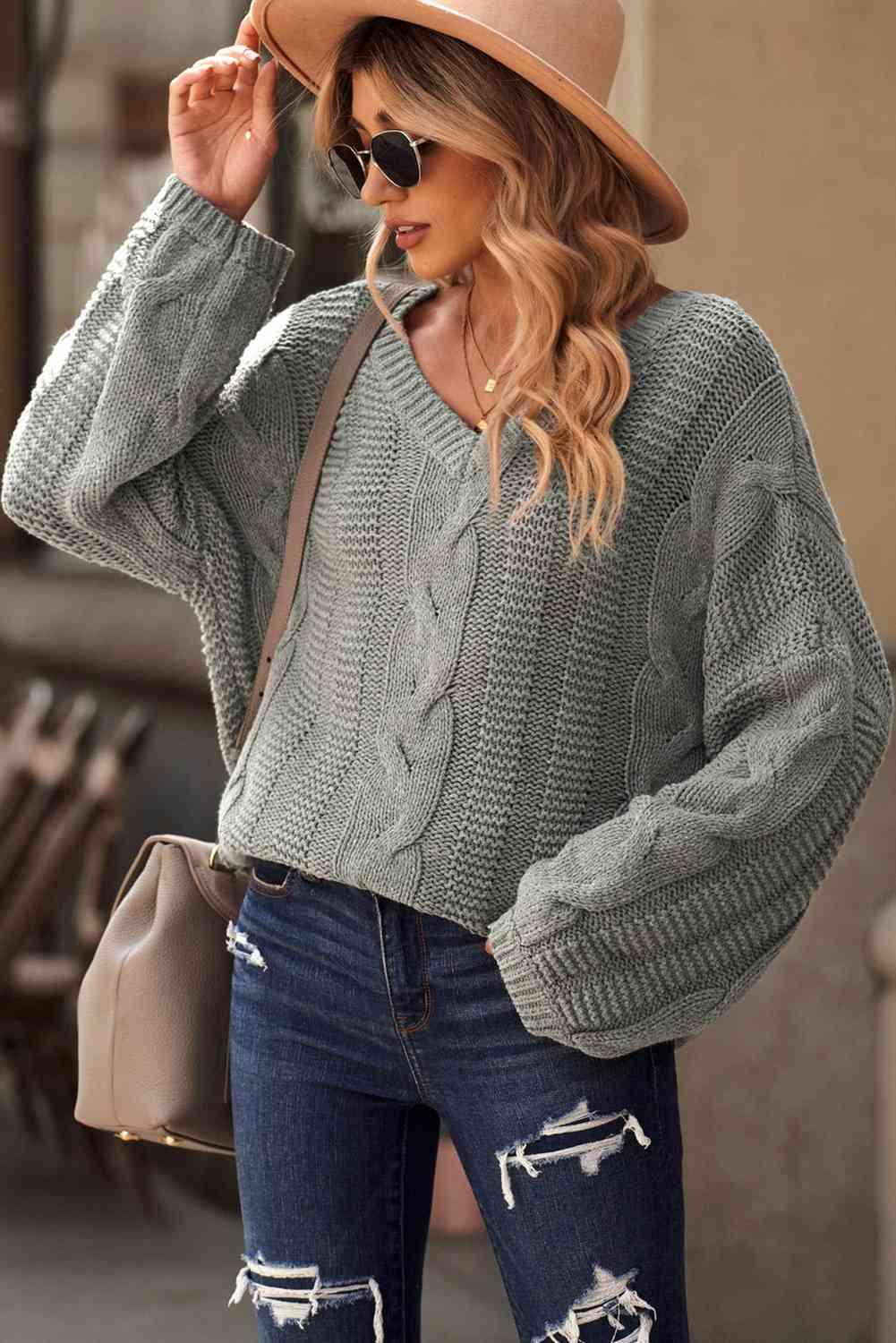 Cable Knit V-Neck Sweater - Ash Boutique
