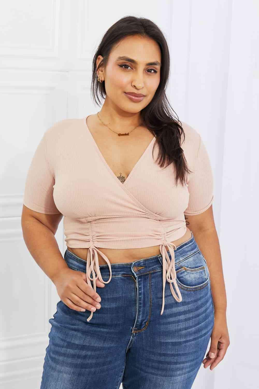 Capella Back To Simple Full Size Ribbed Front Scrunched Top in Blush - Ash Boutique