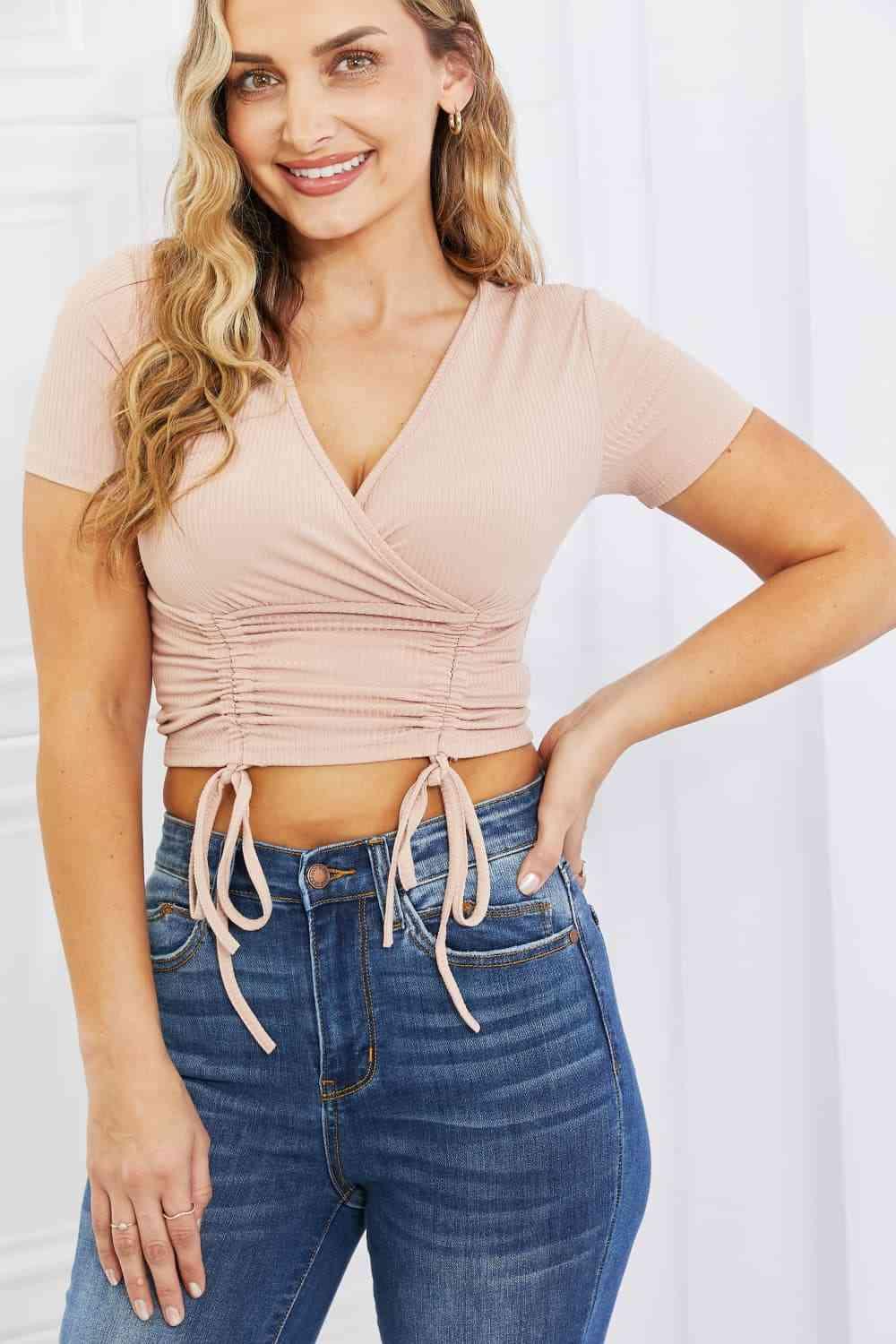 Capella Back To Simple Full Size Ribbed Front Scrunched Top in Blush - Ash Boutique