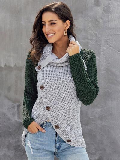 Contrast Decorative Button Turtleneck Sweater - Ash Boutique