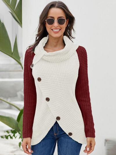 Contrast Decorative Button Turtleneck Sweater - Ash Boutique
