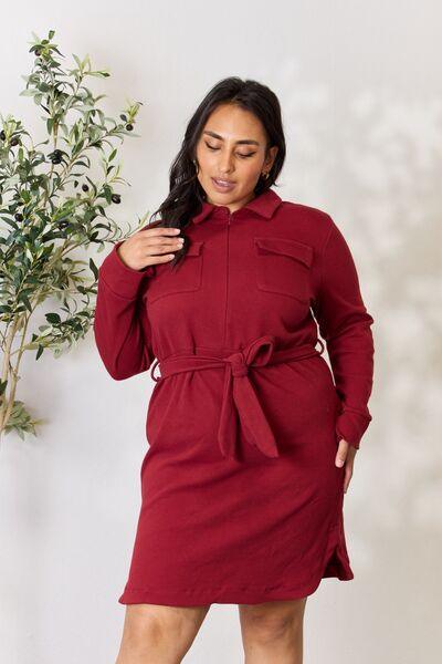 Culture Code Full Size Tie Front Half Zip Long Sleeve Shirt Dress - Ash Boutique