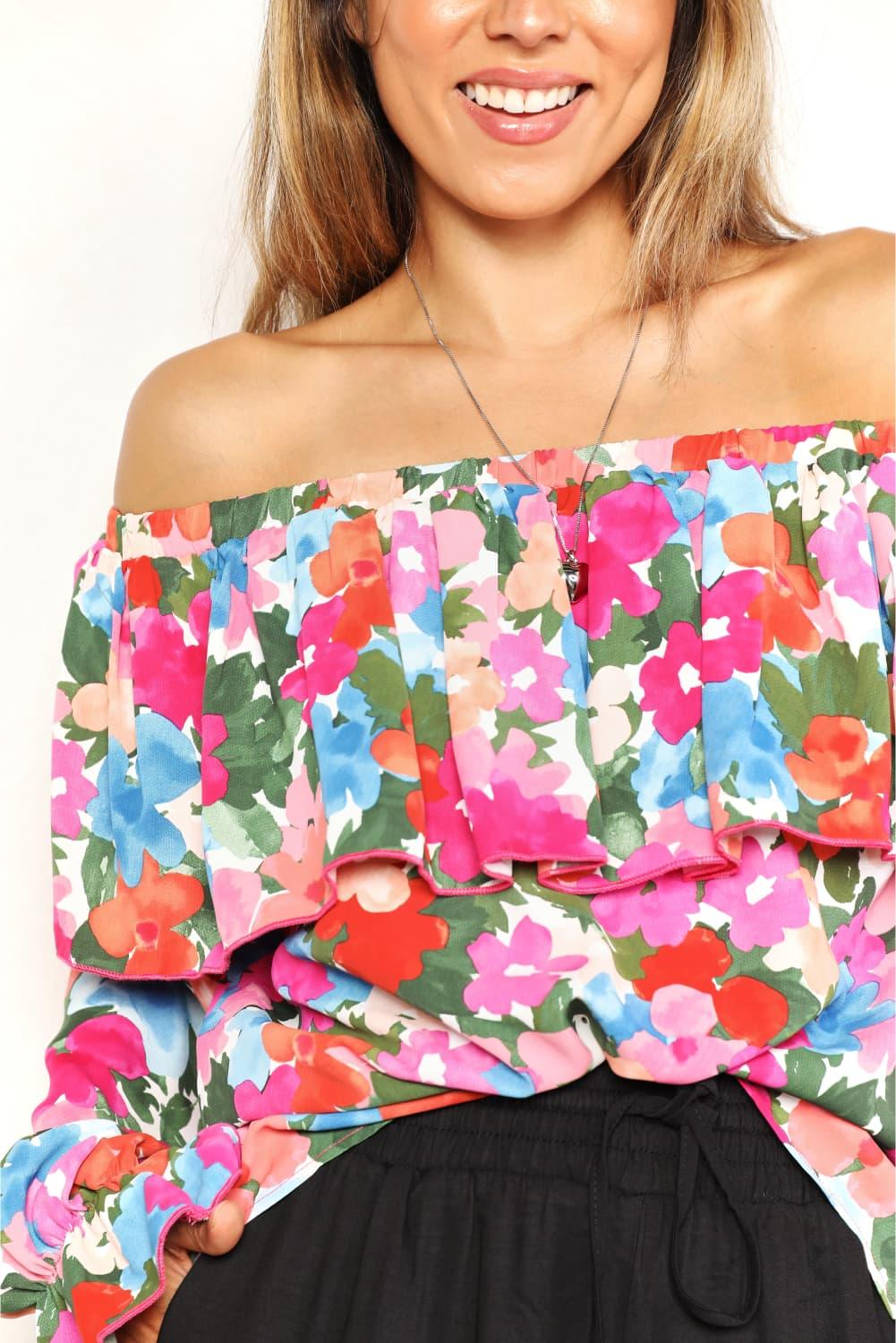Double Take Floral Off-Shoulder Flounce Sleeve Layered Blouse - Ash Boutique