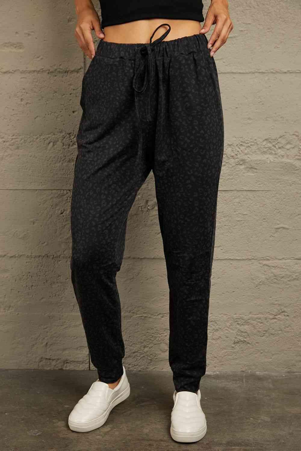 Double Take Leopard Print Joggers with Pockets - Ash Boutique