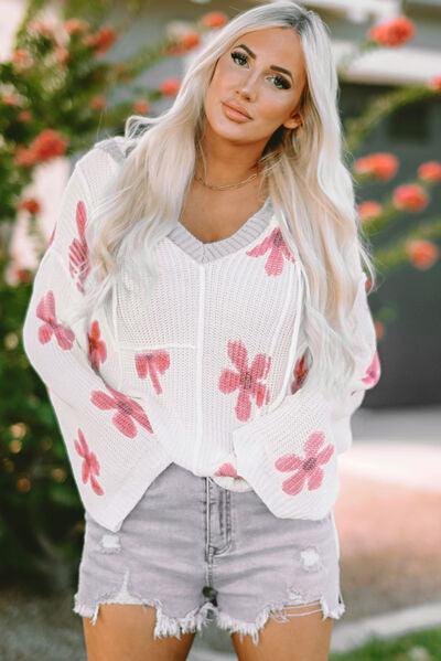 Flower Dropped Shoulder Hooded Sweater - Ash Boutique