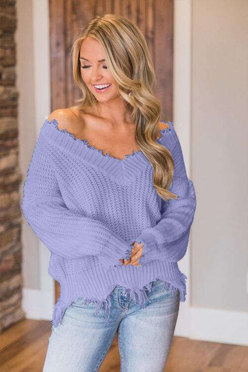Frayed Hem Dropped Shoulder Sweater - Ash Boutique