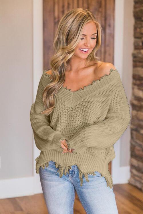 Frayed Hem Dropped Shoulder Sweater - Ash Boutique