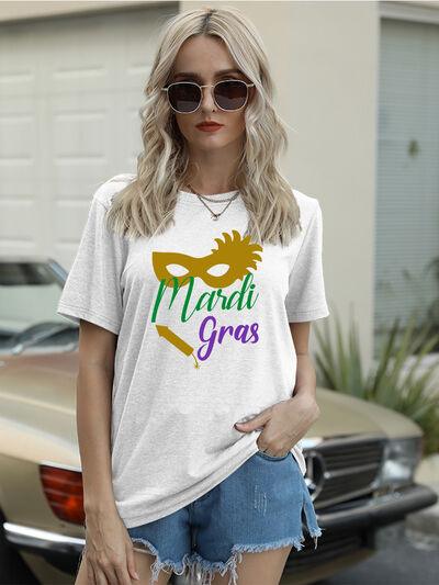 Full Size MARDI GRAS Round Neck Short Sleeve T-Shirt - Ash Boutique