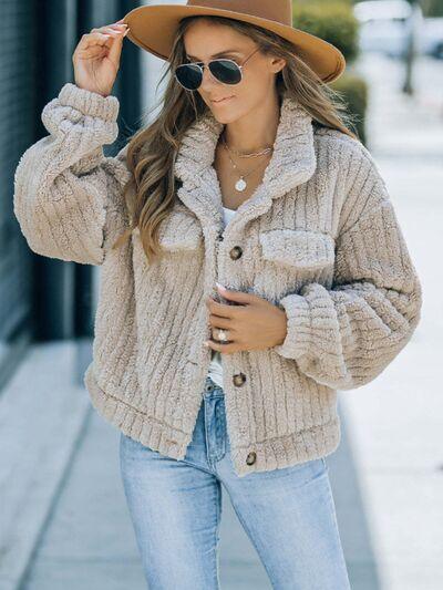 Fuzzy Button Up Collared Neck Jacket - Ash Boutique