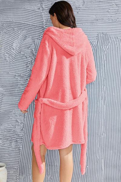 Fuzzy Tied Pocketed Hooded Lounge Nightgown - Ash Boutique