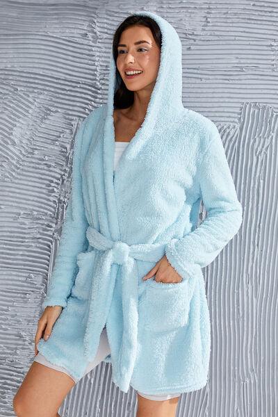 Fuzzy Tied Pocketed Hooded Lounge Nightgown - Ash Boutique