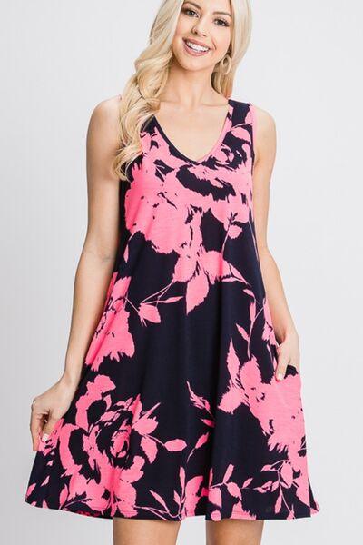 Heimish Full Size Floral V-Neck Tank Dress with Pockets - Ash Boutique