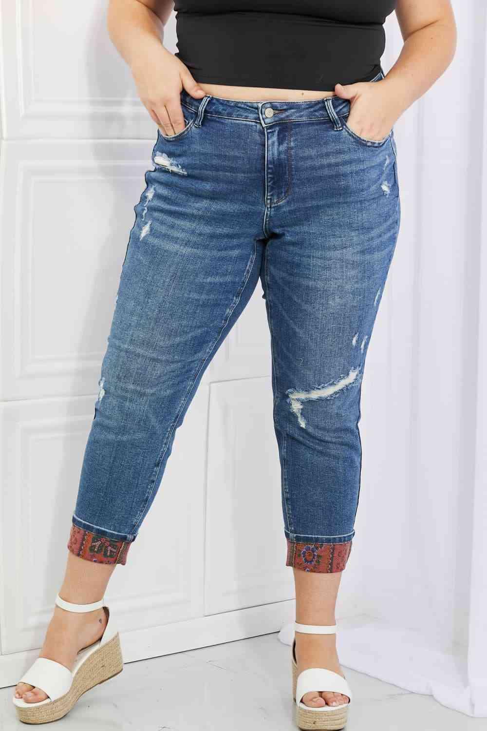 Judy Blue Gina Full Size Mid Rise Paisley Patch Cuff Boyfriend Jeans - Ash Boutique