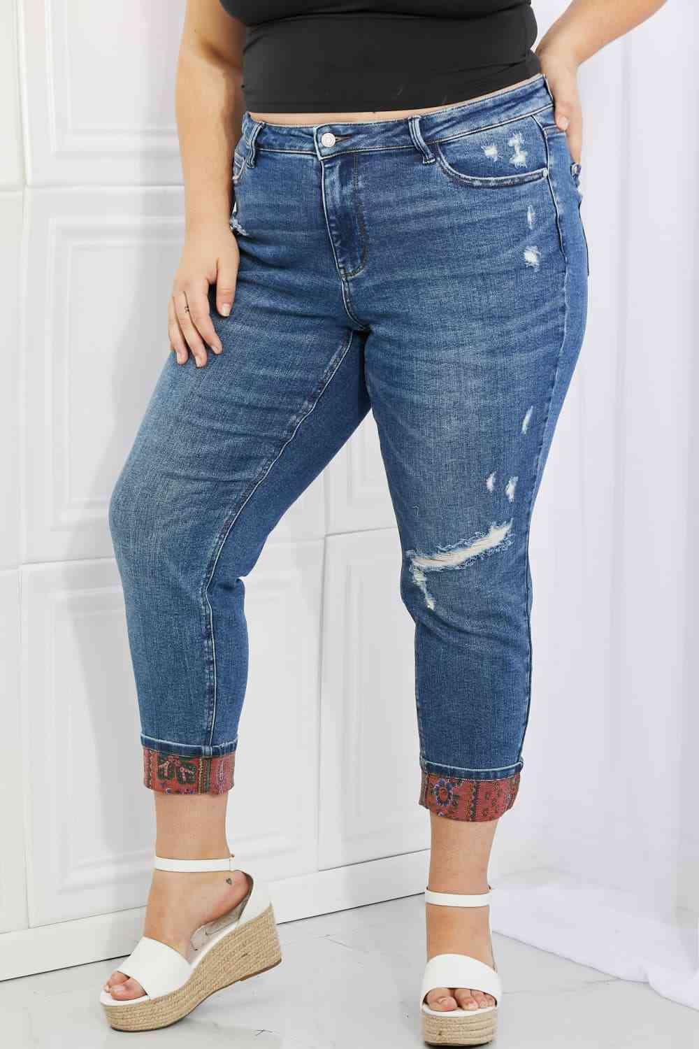 Judy Blue Gina Full Size Mid Rise Paisley Patch Cuff Boyfriend Jeans - Ash Boutique