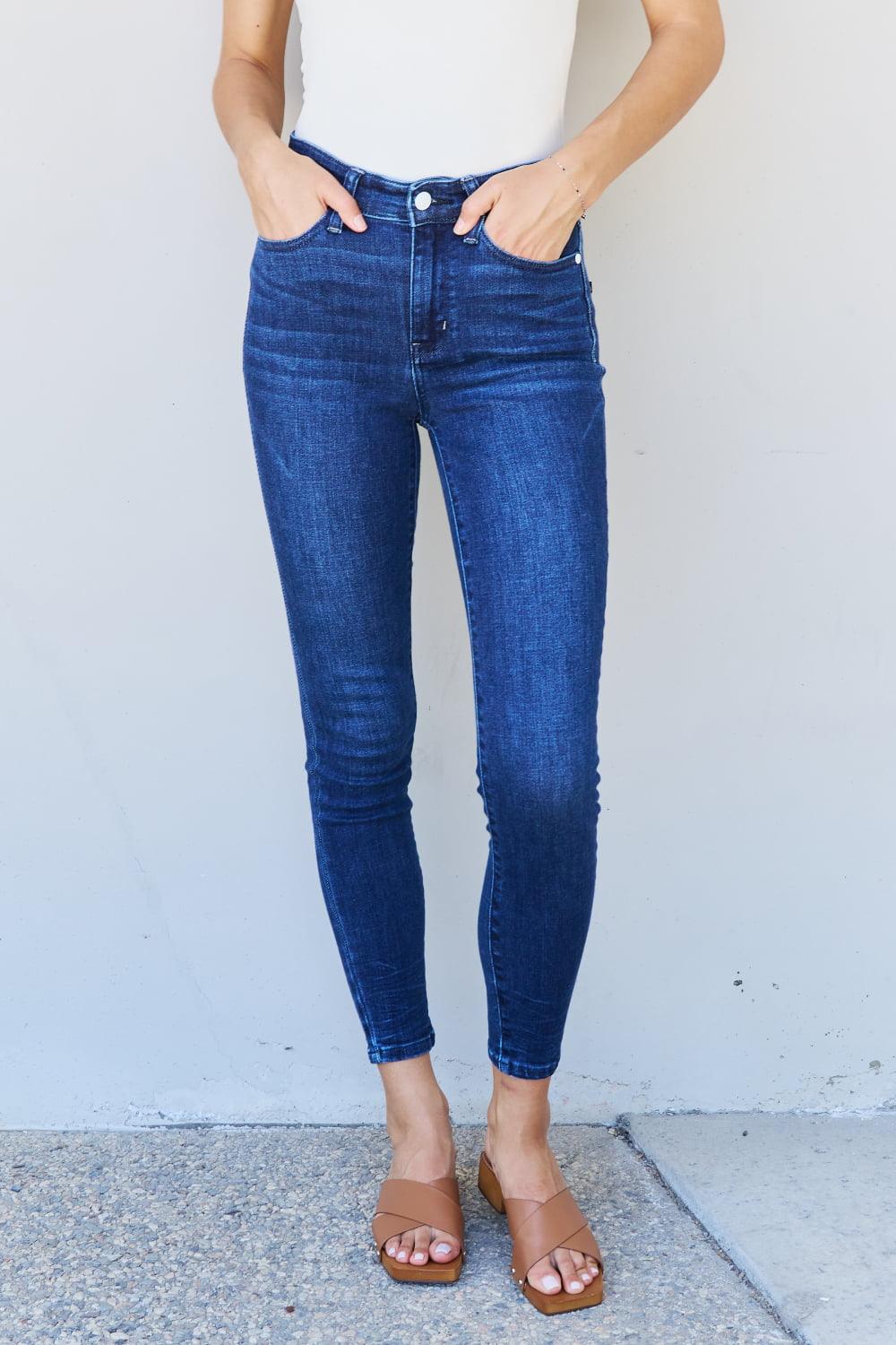 Judy Blue Marie Full Size Mid Rise Crinkle Ankle Detail Skinny Jeans - Ash Boutique