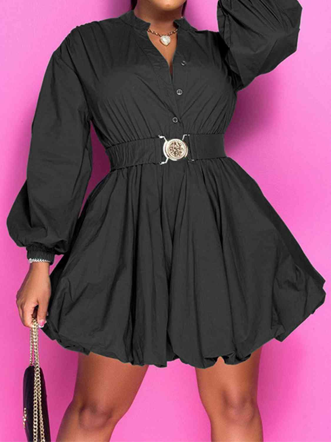 Notched Button Up Balloon Sleeves Dress - Ash Boutique