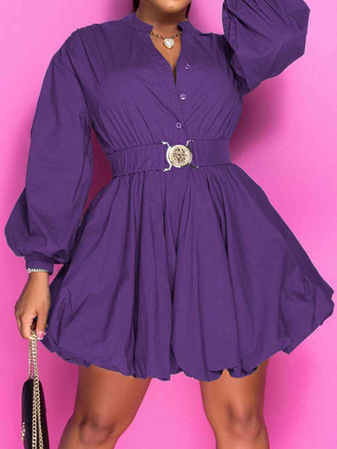 Notched Button Up Balloon Sleeves Dress - Ash Boutique
