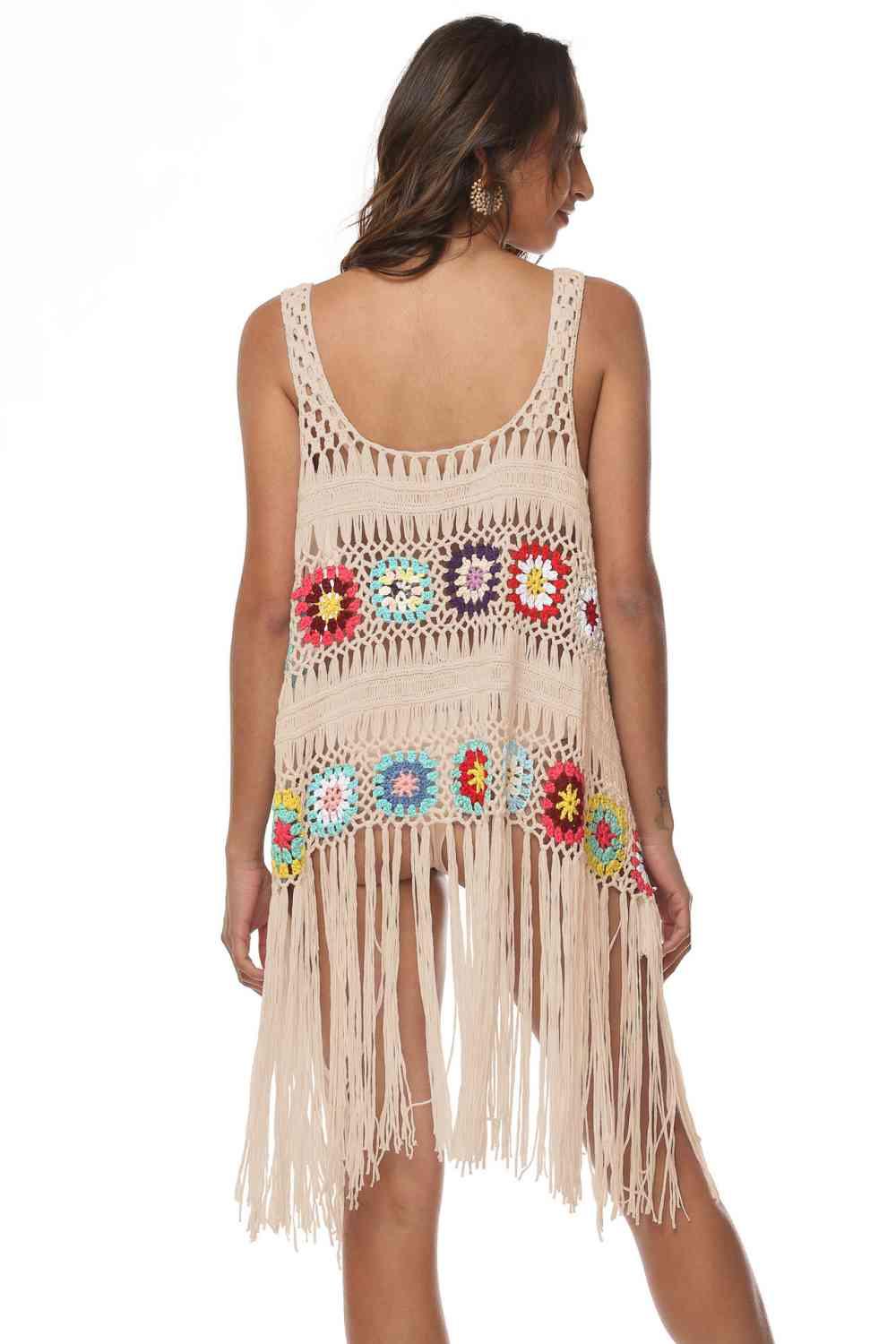 Openwork Fringe Detail Embroidery Sleeveless Cover-Up - Ash Boutique