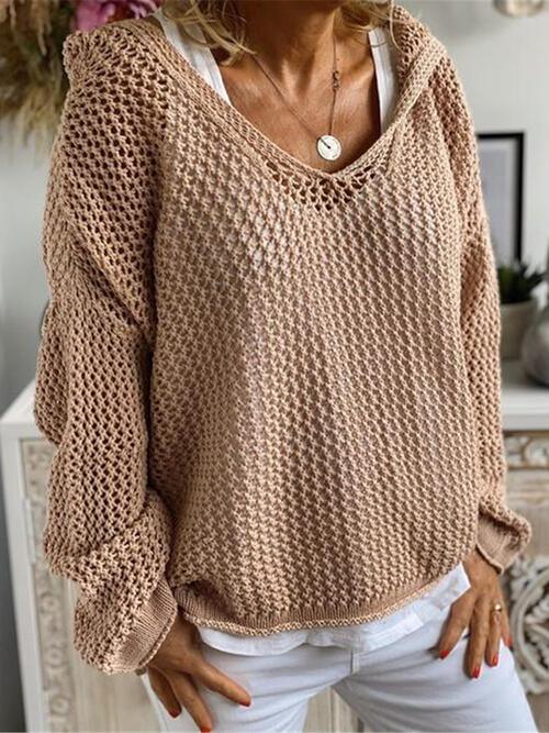 Openwork Hooded Long Sleeve Sweater - Ash Boutique