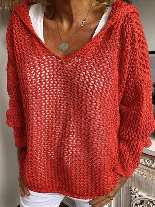 Openwork Hooded Long Sleeve Sweater - Ash Boutique