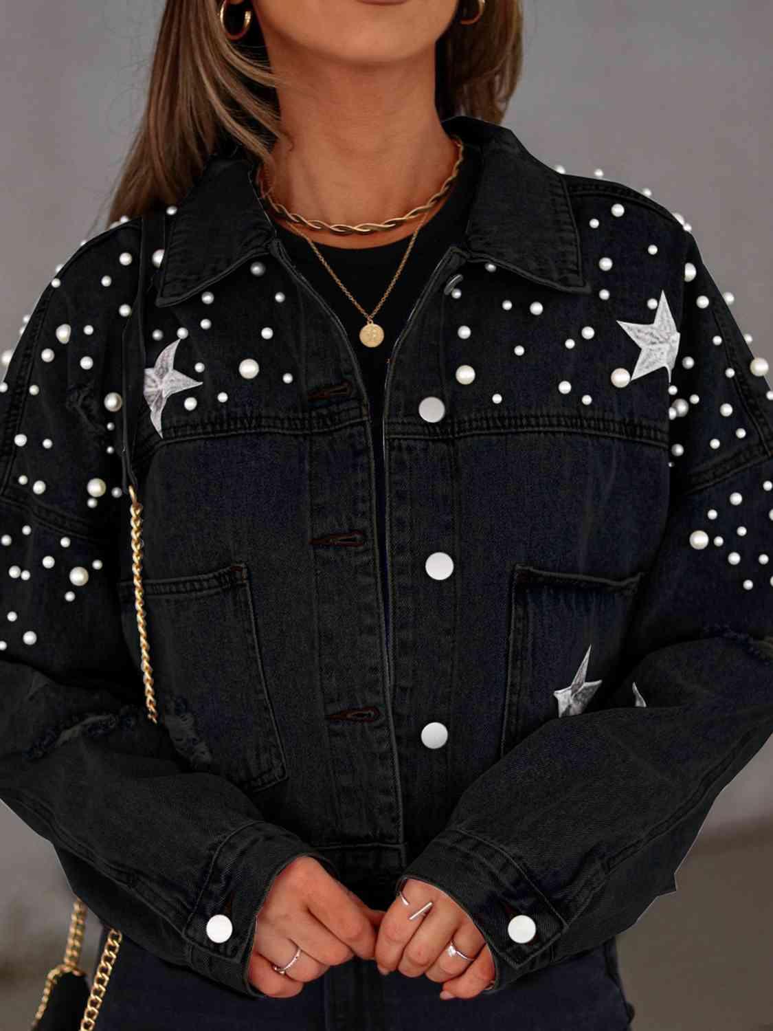Pearl Trim Button Up Denim Jacket with Pockets - Ash Boutique