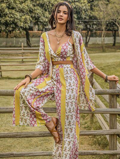 Printed Cami,Open Front Cover Up and Wide Leg Pants Set - Ash Boutique
